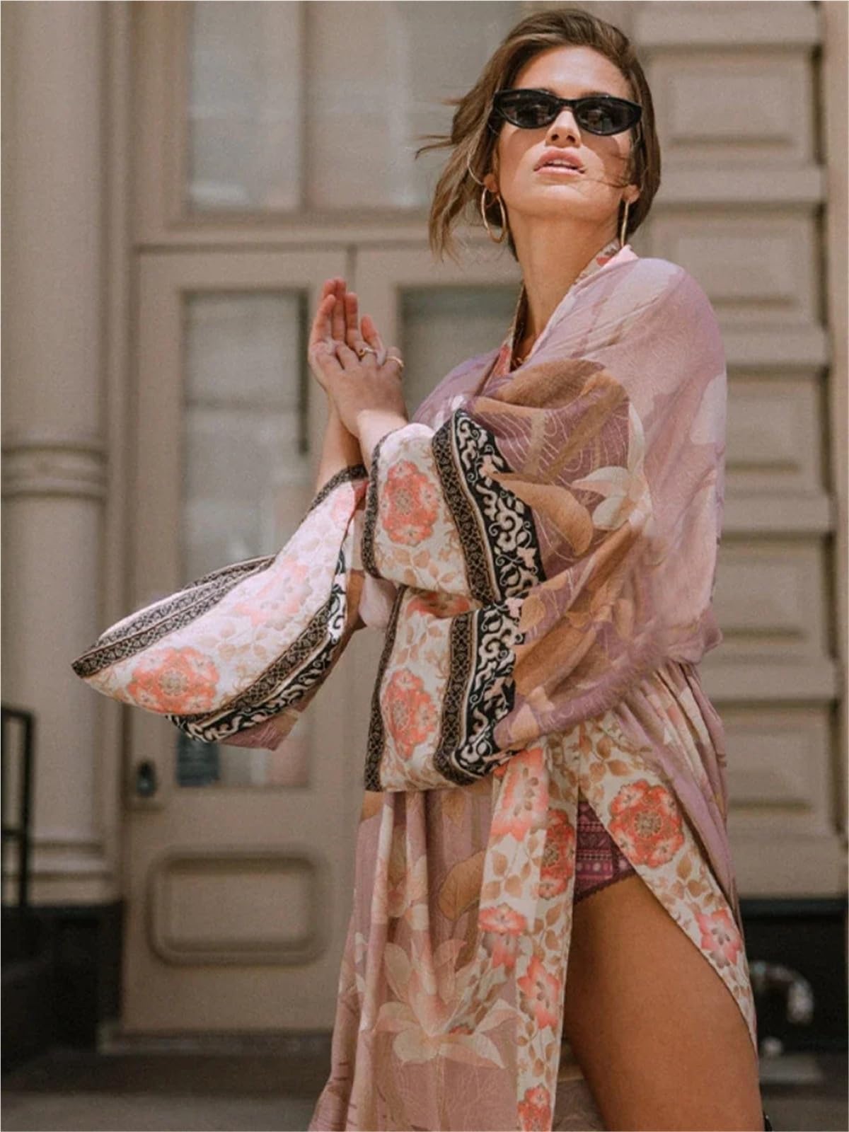 Pareo Femme Plage Robe Longue Kimono Rose avec Ceinture Auto-Ouverte sur Le Devant, Tunique de Plage for Femmes, Cover-Up for Maillot Bain