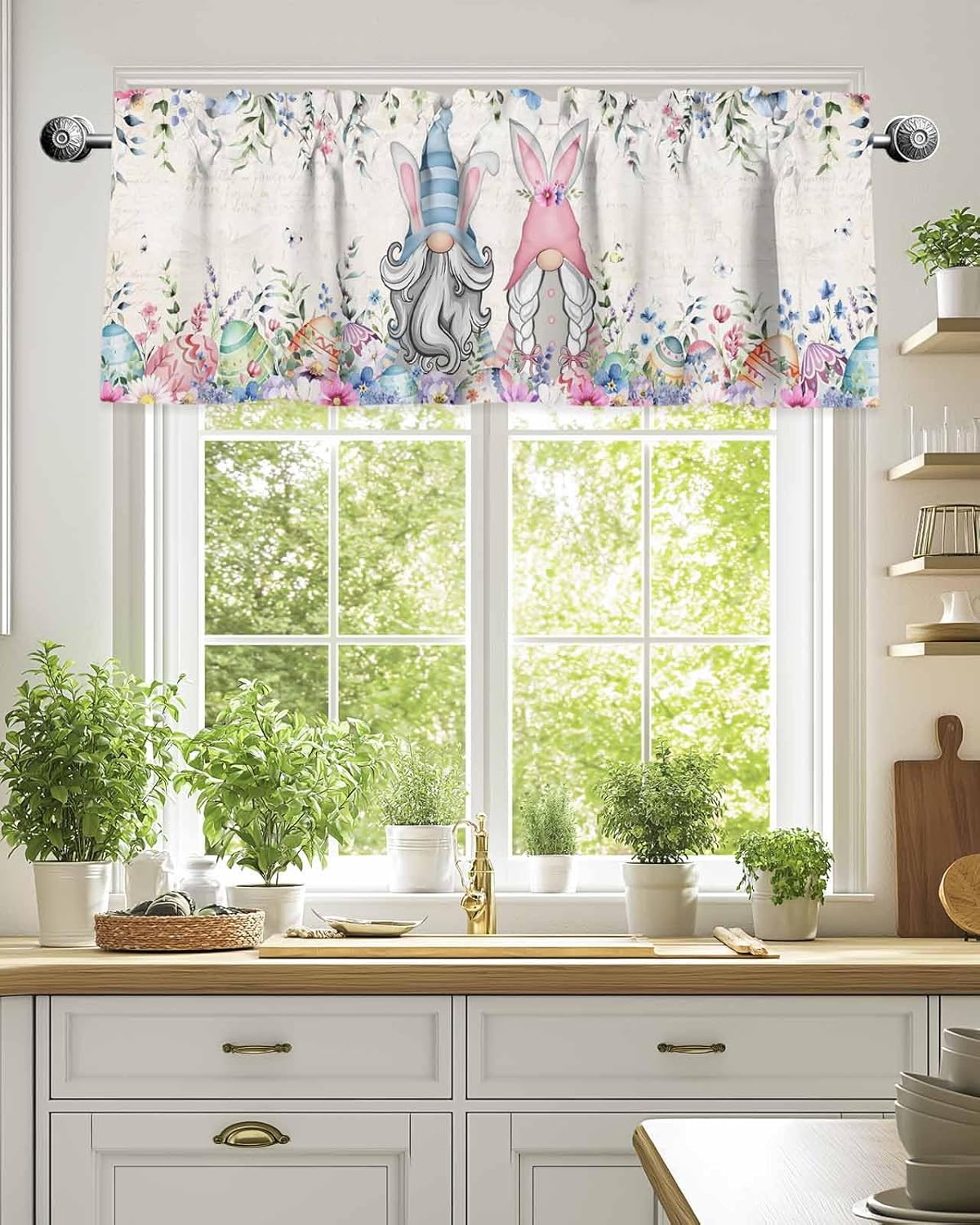 Easter Bunny Window Valance Curtains Rabbit Gnome Spring Flowers Colorful Eggs Retro Chicken Valance Tier Curtain Rod Pocket Valance for Kitchen/Bedroom/Living Room/Bathroom, 1 Panel, 60x18 Inch