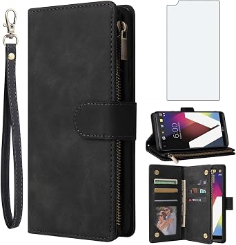 Asuwish Compatible with LG V20 Wallet Case Tempered Glass Screen Protector and Leather Flip Cover Card Holder Stand Cell Accessories TPU Kickstand Phone Cases for LGV20 LG20 V 20 ThinQ Women Men Black