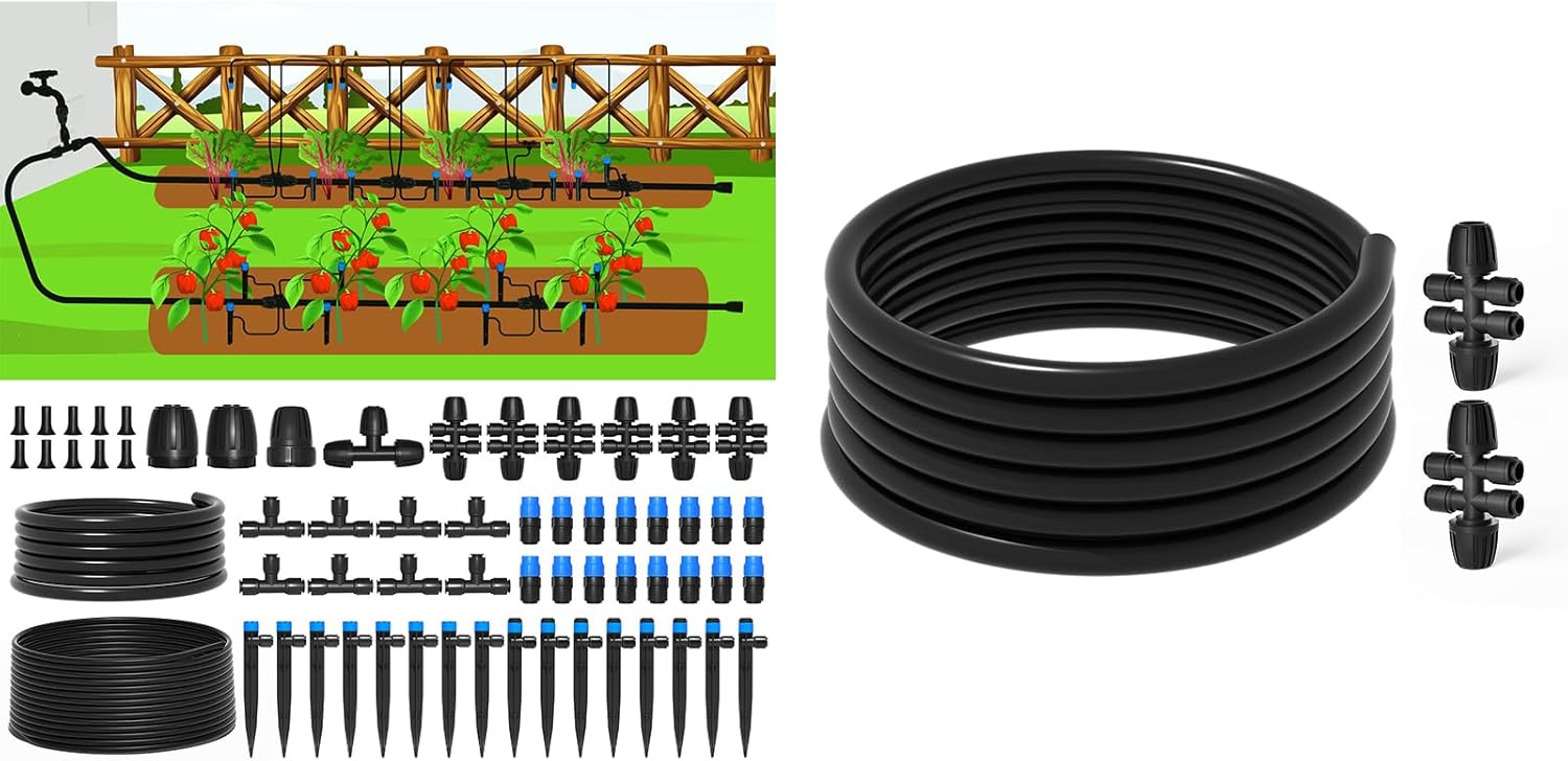 The Bundle of MIXC 230FT Quick-Connect Drip Irrigation System Kit and MIXC 25FT 1/2 Inch Drip Irrigation Tubing Kit with 2 Pack 4-Way Quick Connectors