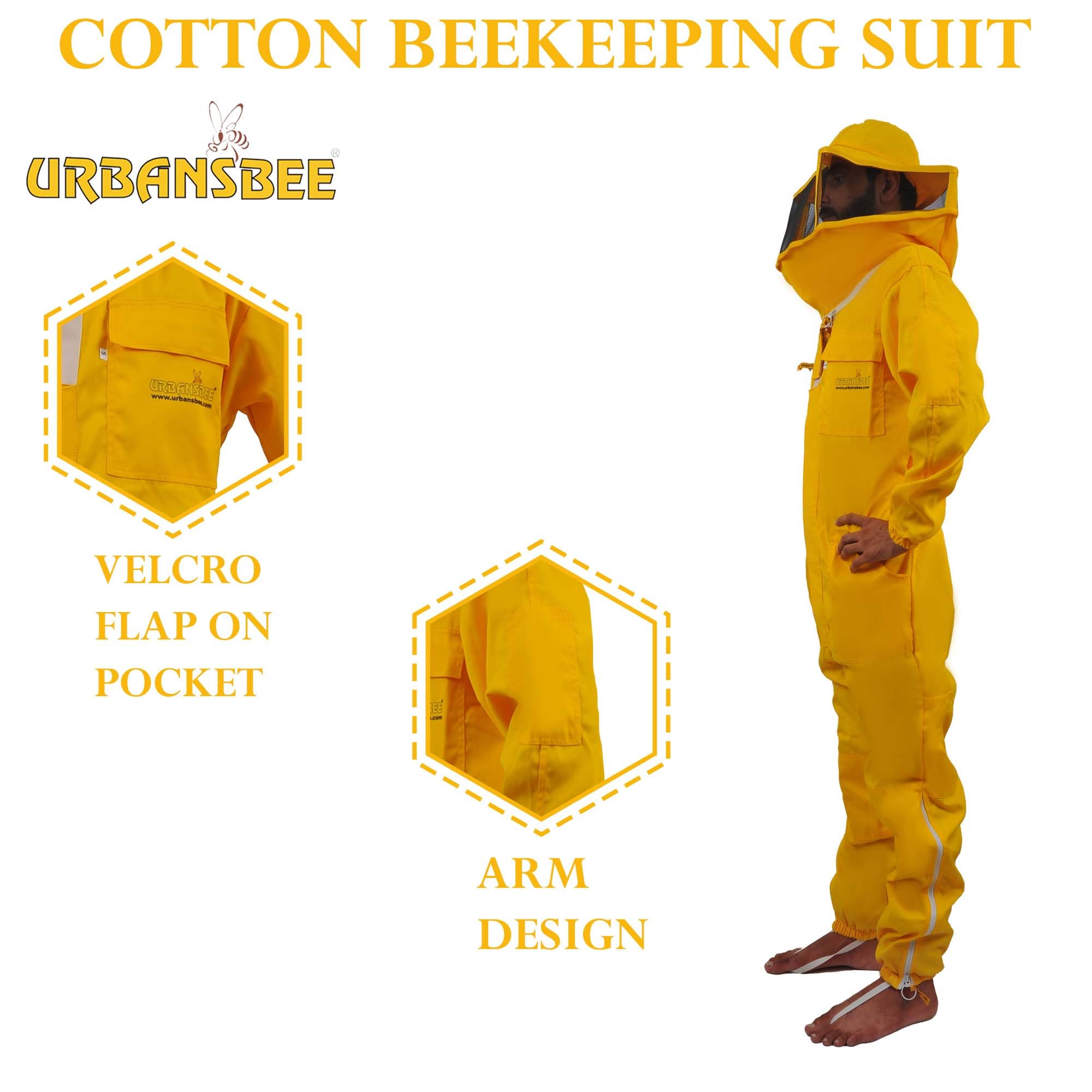 Tuta Apicoltore professionale Abito Apicoltura Cotone Quadrato Cappuccio eampia tasca per gli apicoltori contro le punture delle api Tuta Naturale ape (XL, Giallo Con Cappello Quadrato)
