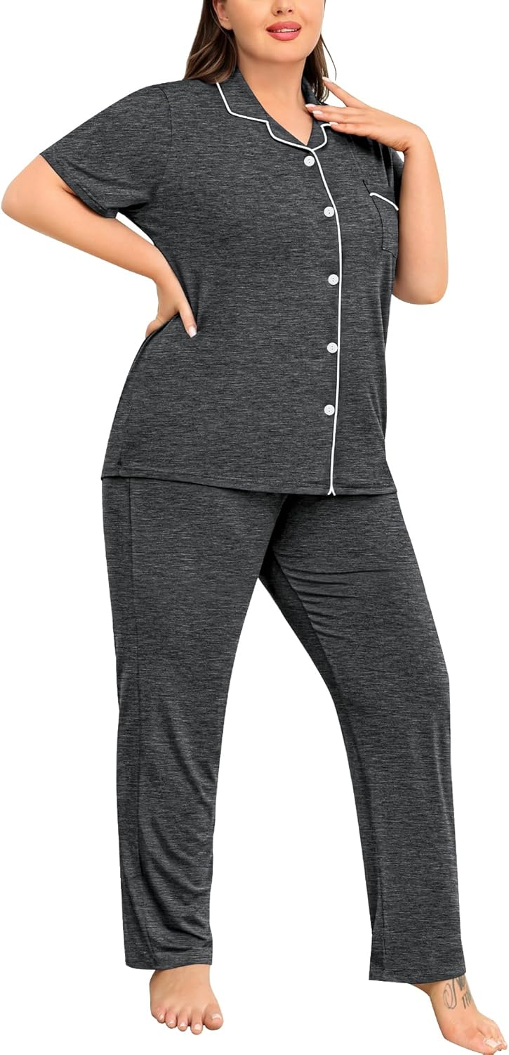 SWOMOG Women's Plus Size Pajama Set Short Sleeve Sleepwear Top and Pants Button Up Pajamas for Women Loungewear - Image 3