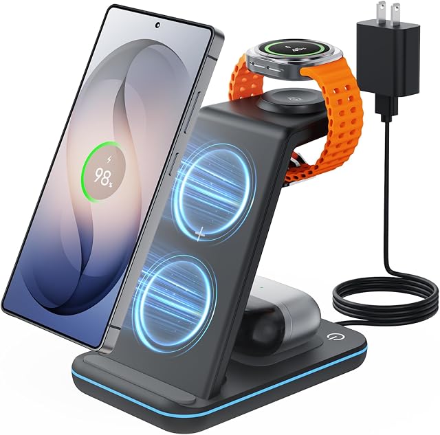 Wireless Charger for Samsung Charging Station: JoyGeek 3 in 1 Phone Charger Stand for Galaxy Watch7 Pro/4/3/Active2/1 - S26/S25/S24/S23 Ultra/S22/S21/S20/Note 20/ Z Fold/Flip Series - Buds 3 Pro