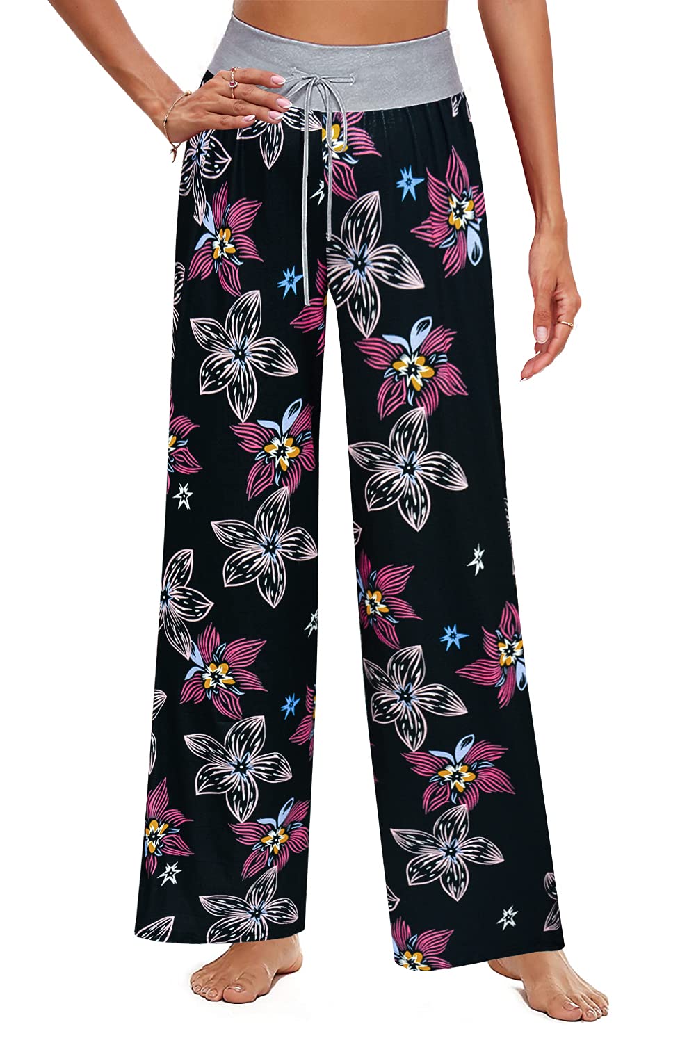 Aifer Women’s Comfy Casual Pajama Pants Floral Print Stretchy Drawstring Wide Leg Lounge Pants