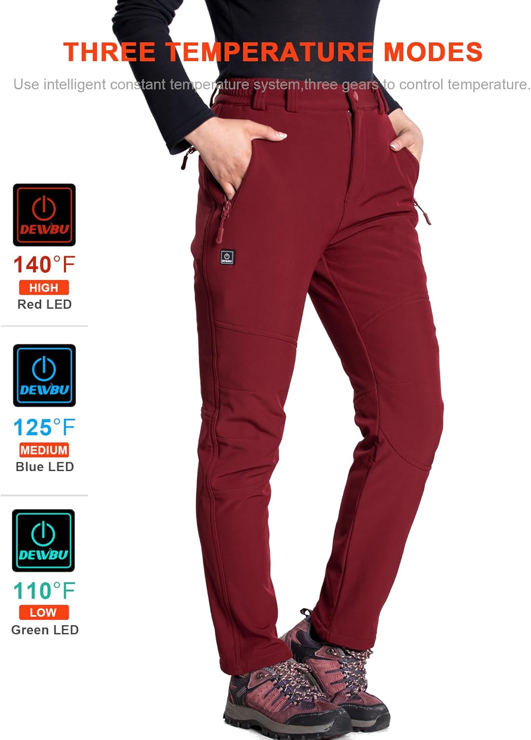 DEWBU Heated Pants for Women with 12V Battery Pack Fleece Lined Outdoor Softshell Pants Electric Heating Trousers - Image 4