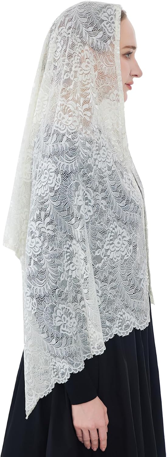 Wgior Elegant Floral Catholic Church Veil, Soft Mantilla Chapel Prayer Scarf Wrap Shawl Headscarf - Image 5