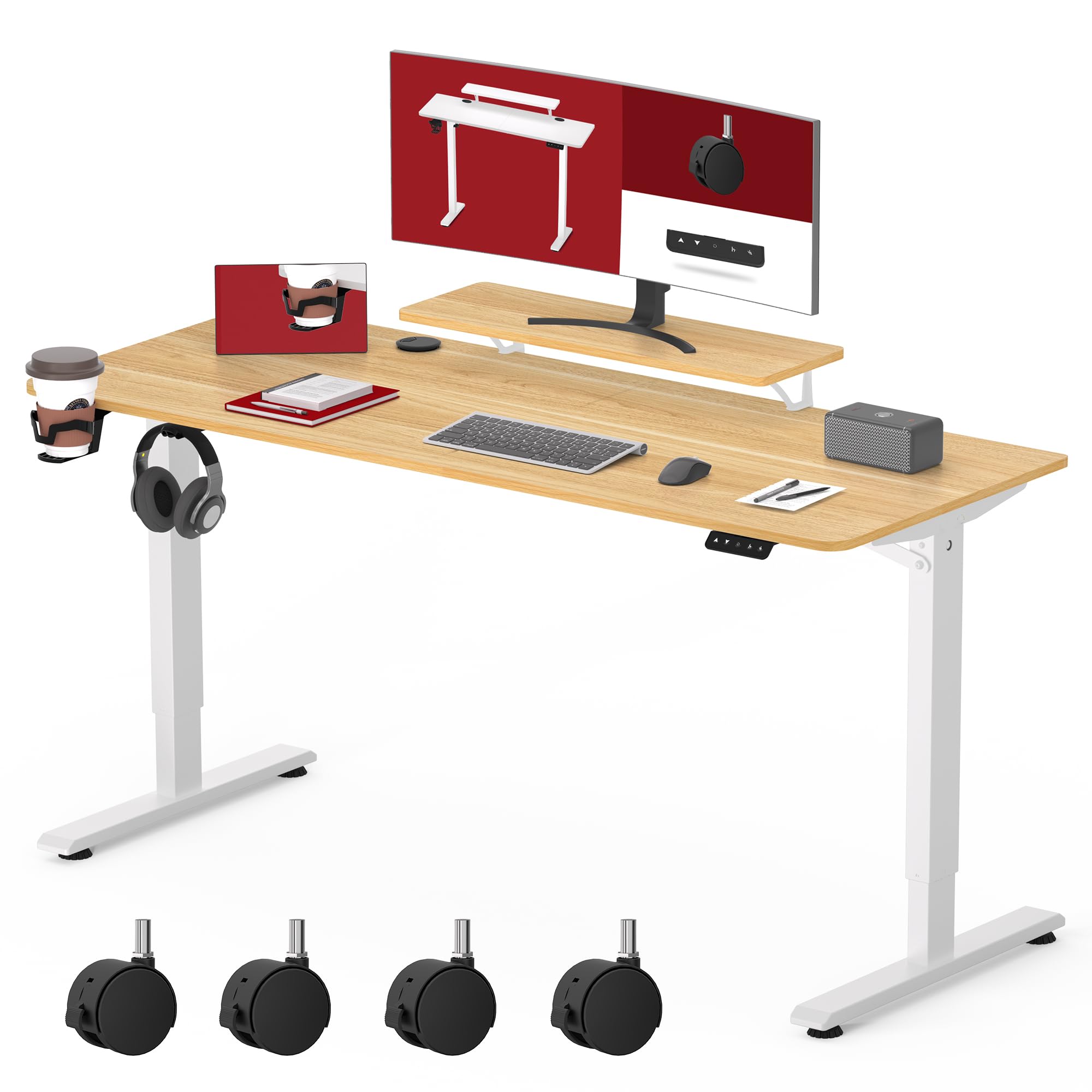 SANODESK 120 x 60 cm SQ1 Escritorio Elevable Eléctrico Standing Desk Mesa Escritorio Elevable con Mesita para Soporte Monitor con 4 Ruedas Tablero Telescópico Bidireccional y Función de Memoria-Arce
