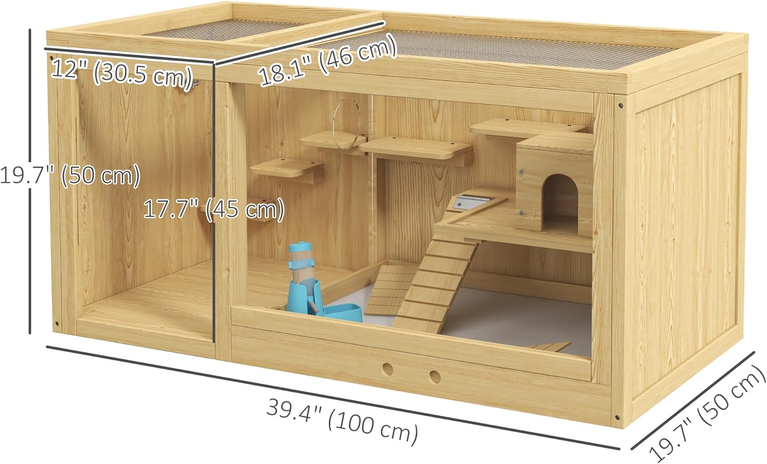 PawHut Wooden Hamster Cage, Extra Large Gerbil Cage, Multi-Layer Small Animal Cage for Dwarf Hamster, Activity Center with Pull-Out Tray, Seesaws, Water Bottle, Ladder, Openable Top