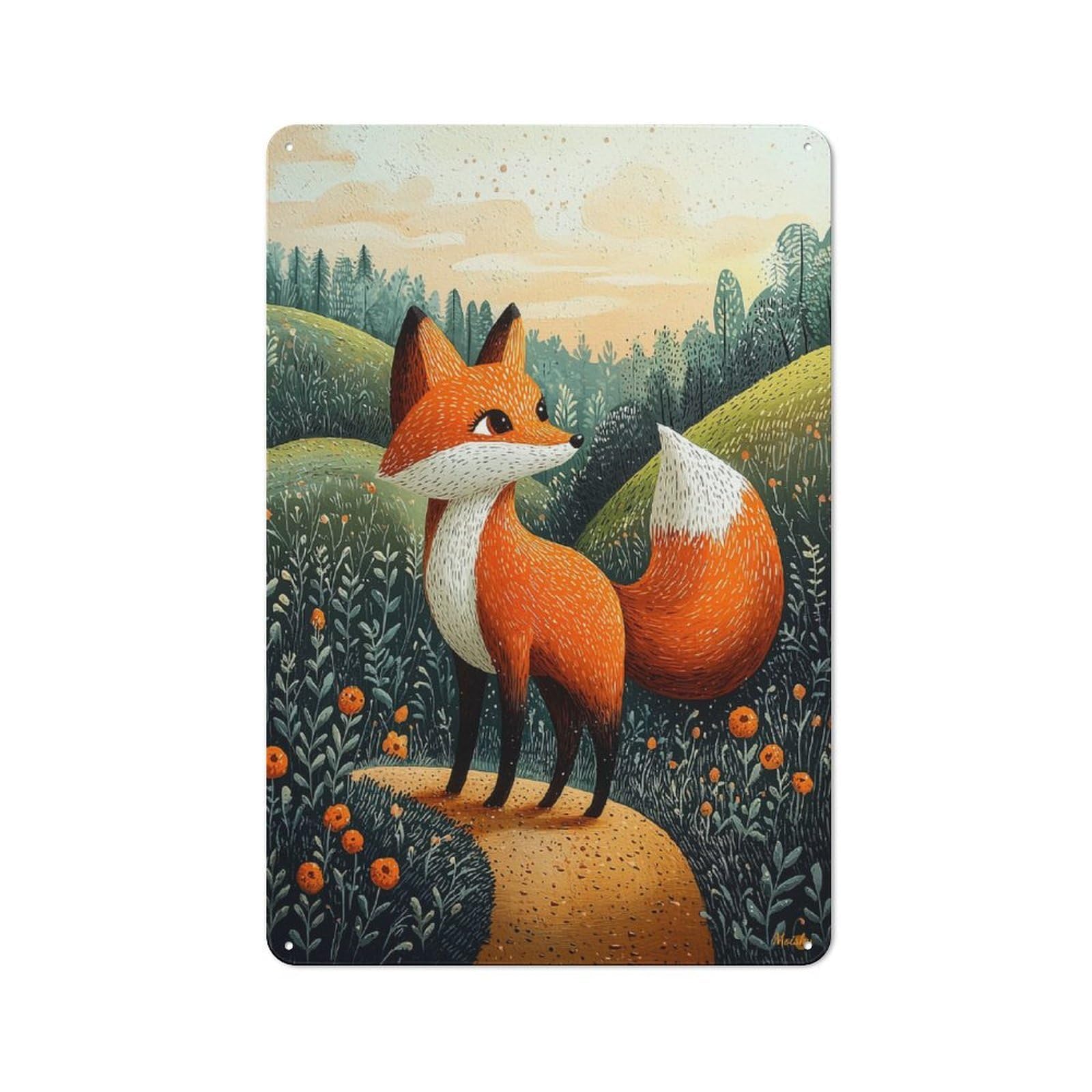 Junmoney Curious Fox In The Meadow – Naïf Whimsical Wi Tin Wall Plaque 30X20cm With Ldlife Art For Hobby Room Or Studio, For Updating Hobby Room And Studio After Moving
