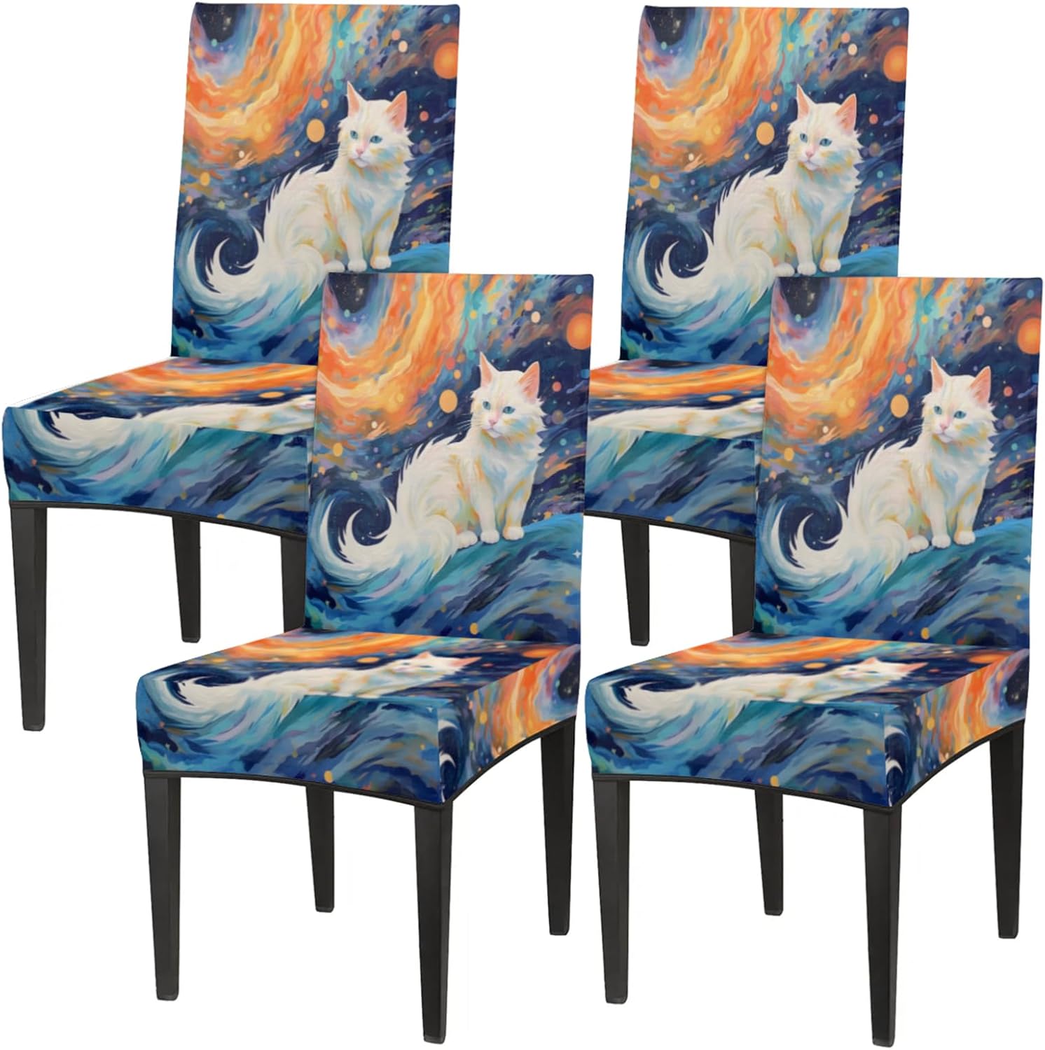 QsirBC Cute Cat Watercolor Stretch Dining Room Chair Covers Set of 4 Chair Slipcovers Removable Washable Kitchen Seat Covers Chair Protectors for Hotel Party Wedding