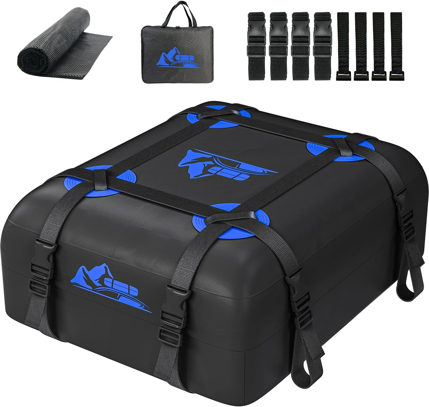 Car Rooftop Cargo Carrier Bag 15 Cubic Feet, 100% Waterproof Heavy Duty Car Roof Bag for All Vehicle with/Without Racks - Anti-Slip Mat, 4 Door Hooks, Storage Bags, 4PCS 3.8CM Straps(Blue)