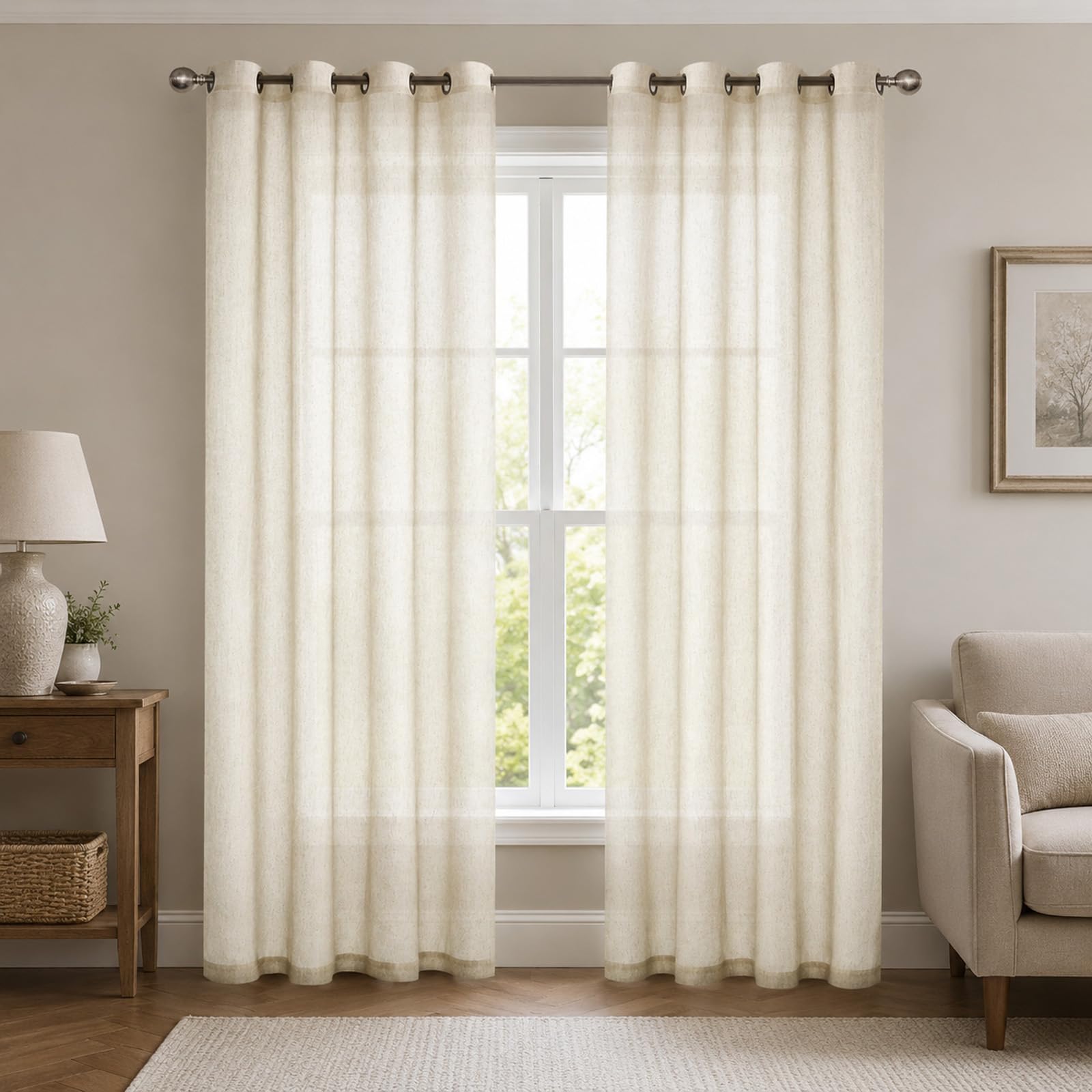 SSWH Linen Voile Net Curtains, Semi Sheer Curtains for Windows, Eyelet Voile Curtain Panels for Living Room Bedroom(Size:132x160cm/W 52" x L 63" (2 Panels),Color:Natural)