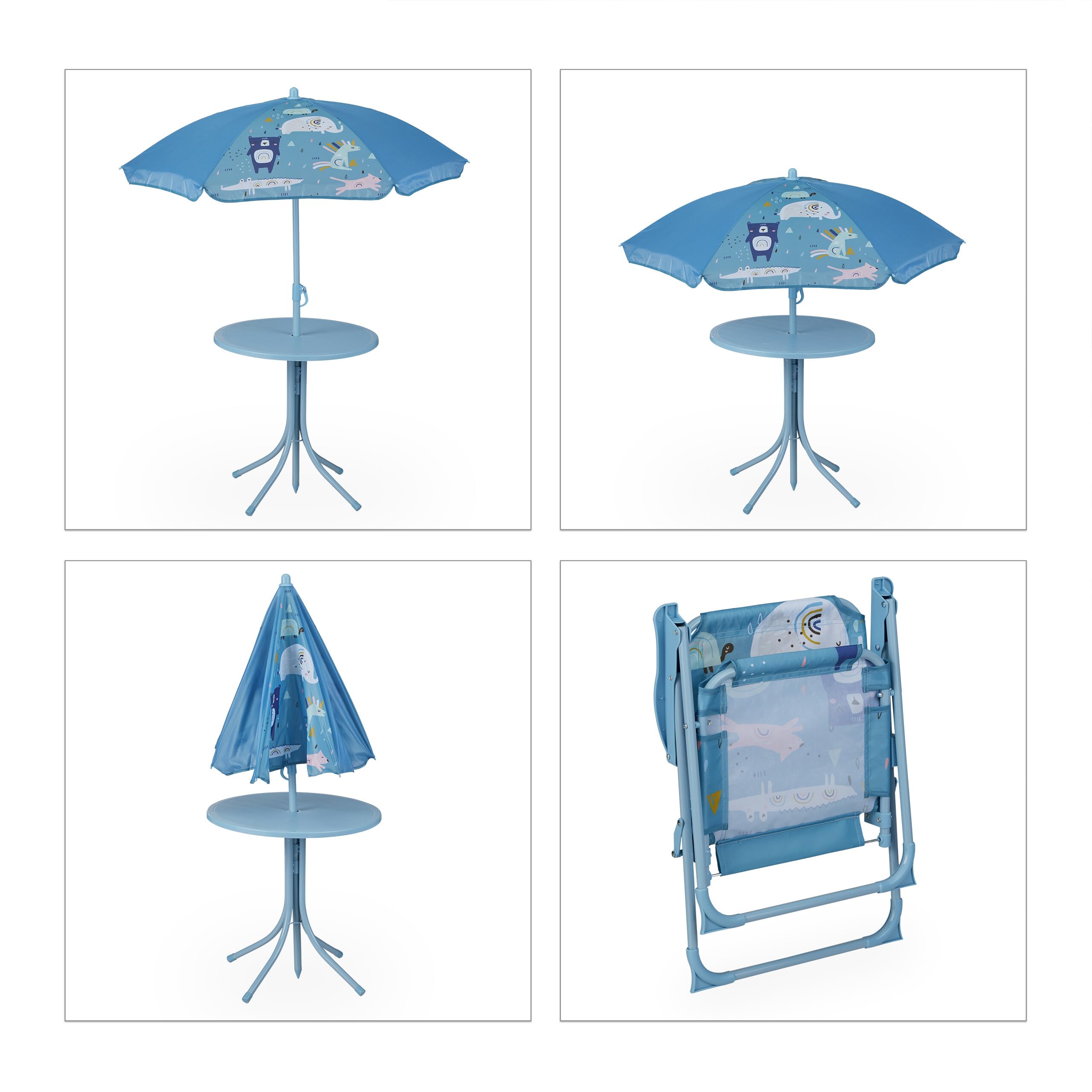Relaxdays Tavolo Bambini con Ombrellone, Set con 2 Sedie, da Campeggio e Giardino, Tavolino Picnic, con Animali