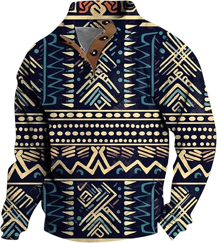 WENKOMG1 Sudadera con estampado indio para hombre, manga larga, vintage, ligera, con solapa, simétrica