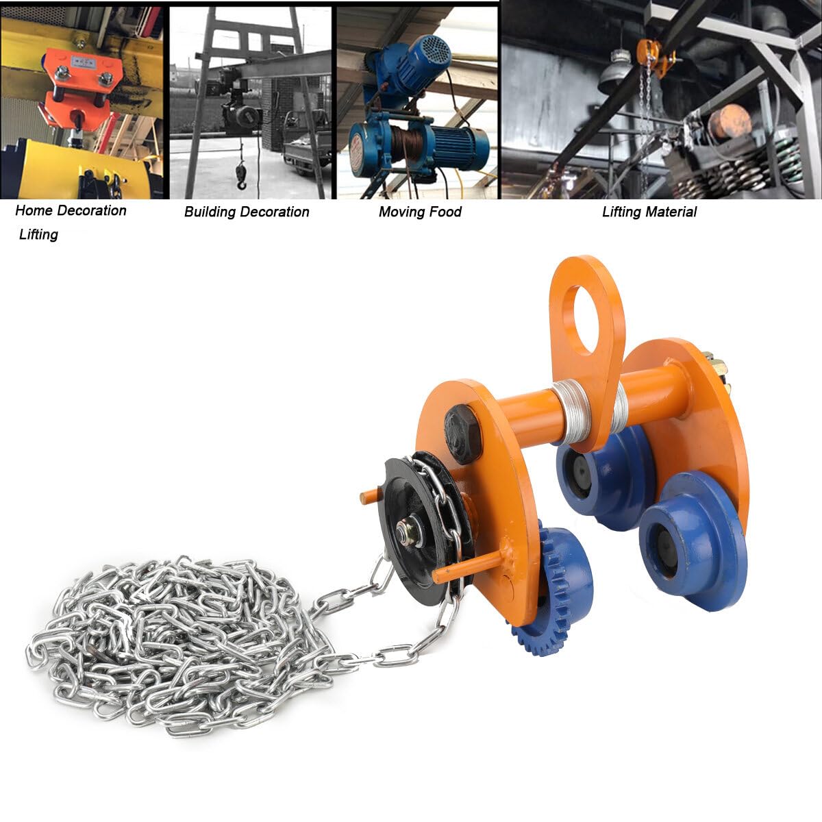 Laufkatze 2000kg Tragkraft Rollfahrwerk mit Doppelrädern, für I-Strahlbreite 94-124mm, Manuelle Kettenzug Laufkatze mit 3m Ketten