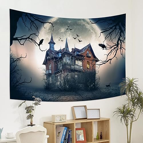 Miniatura 6 de Tapiz de Halloween de terror para colgar en la pared, tapiz de casa cazada, murciélagos y cuervos en luna llena, tapiz de pared de castillo