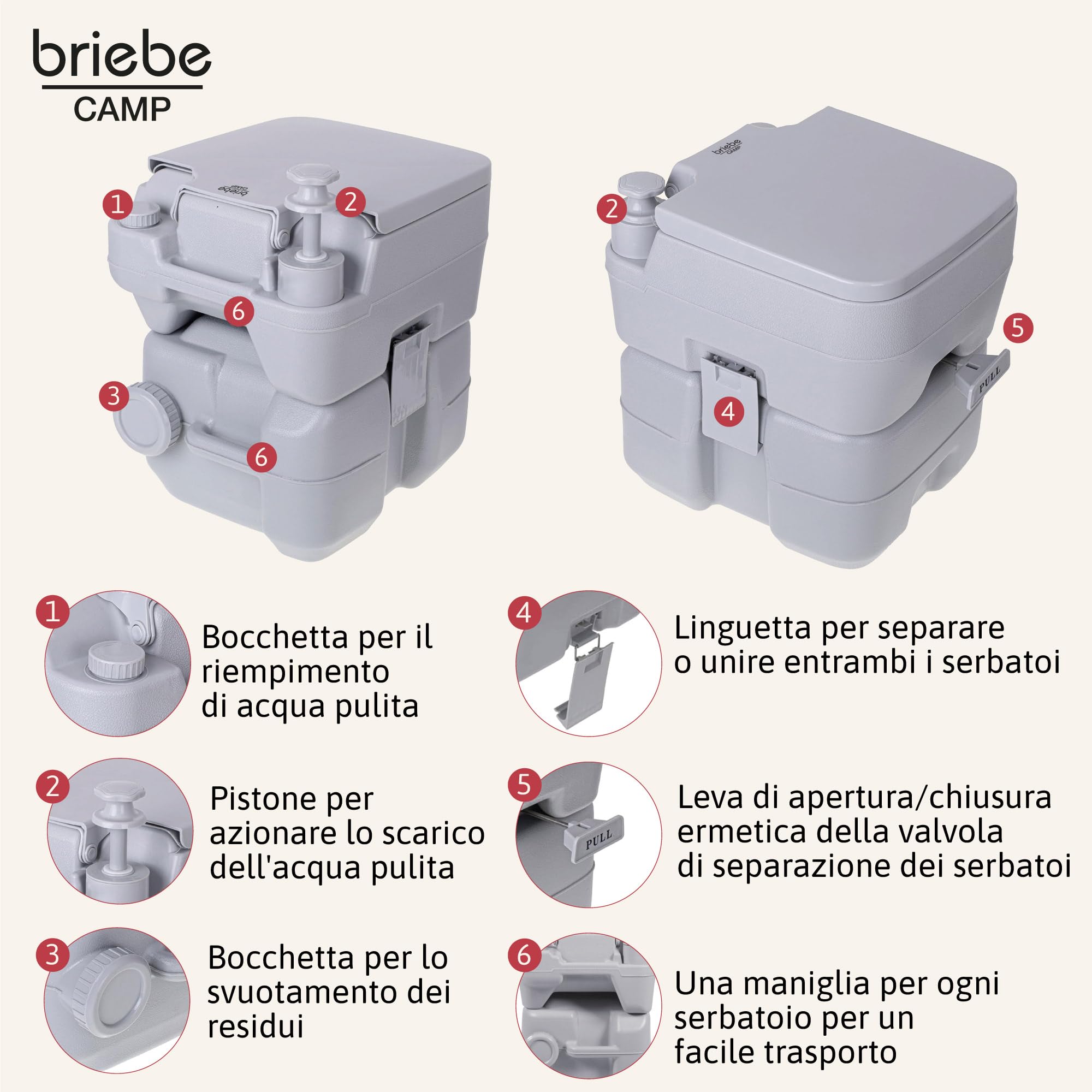 briebe Camp WC Portatile Bagno Chimico, Toilette per Campeggio, Camper, Roulotte, Barca e Outdoor, Serbatoio di Scarico dell'Acqua con Pompa a Pistone