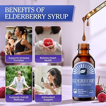 B BEWORTHS Elderberry Syrup Black Elderberry Drops with Ginseng, Quercetin, Panax Ginseng, Vitamin C and Zinc, Sambucus Liquid, Vegan