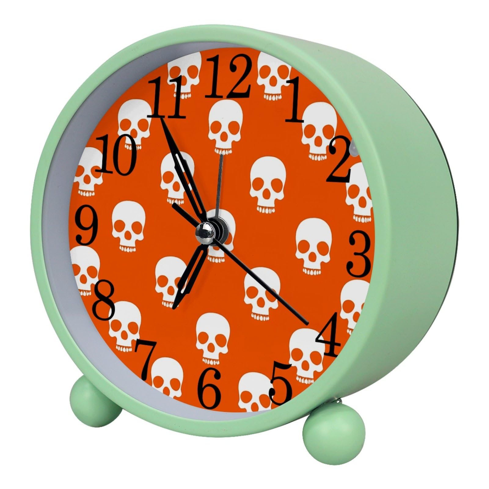 etoenbrc Orange Skulls Round Battery Operated Bedside Alarm Clocks Non-Ticking Desktop Silent Analog Alarm Clock with Light