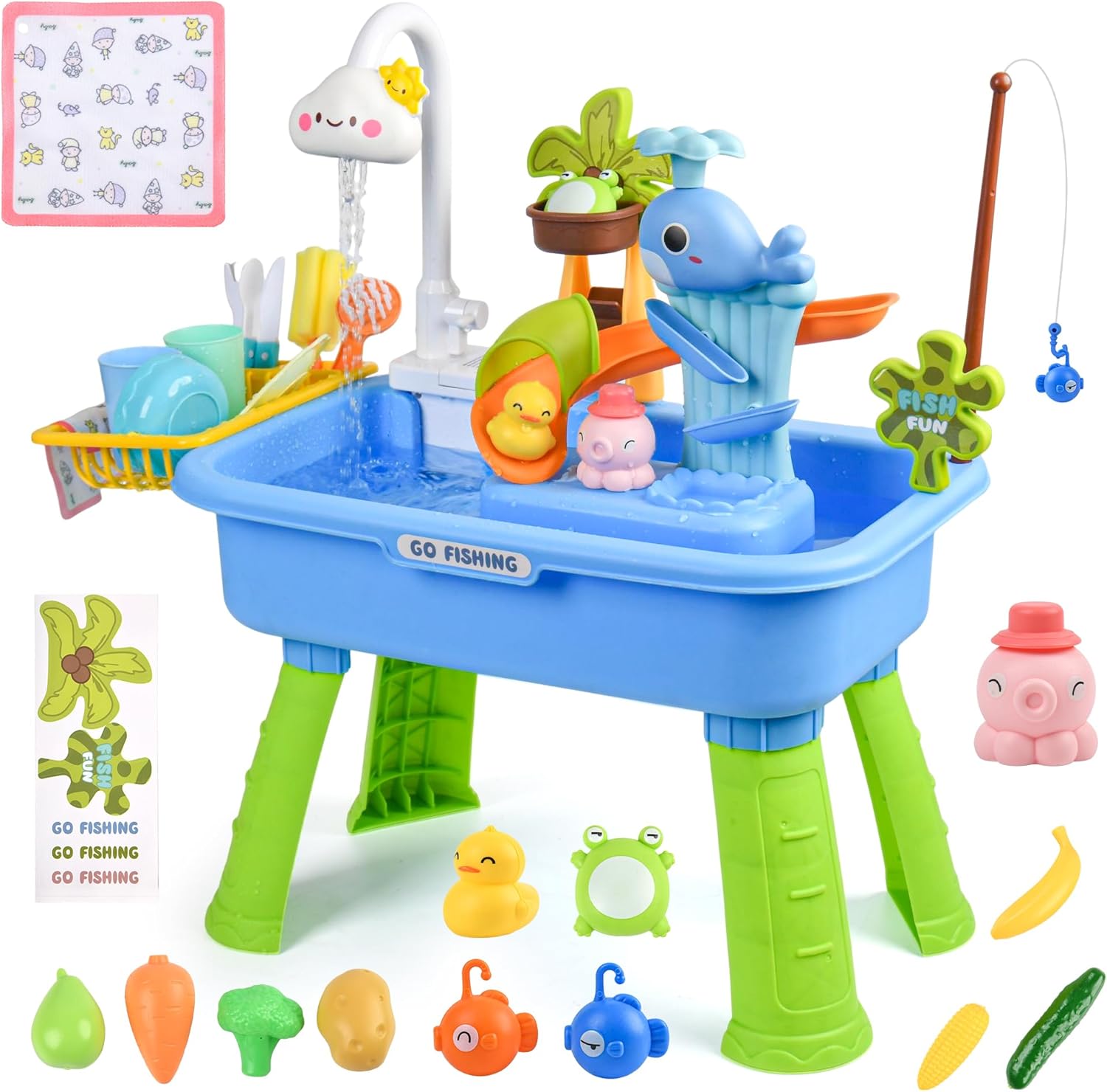 Upgraded Toddler Sand Water Table Toy with Electric Water Pump, Kids Sand Water with Faucet/Play Food Accessories/Fishing Toy, Kitchen Play Sink Toys for Girl Boy Age 3+ (Blue)