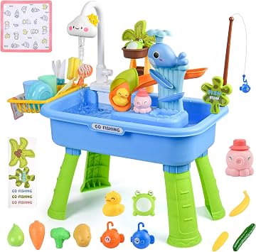 Upgraded Toddler Sand Water Table Toy with Electric Water Pump, Kids Sand Water with Faucet/Play Food Accessories/Fishing Toy, Kitchen Play Sink Toys for Girl Boy Age 3+ Blue
