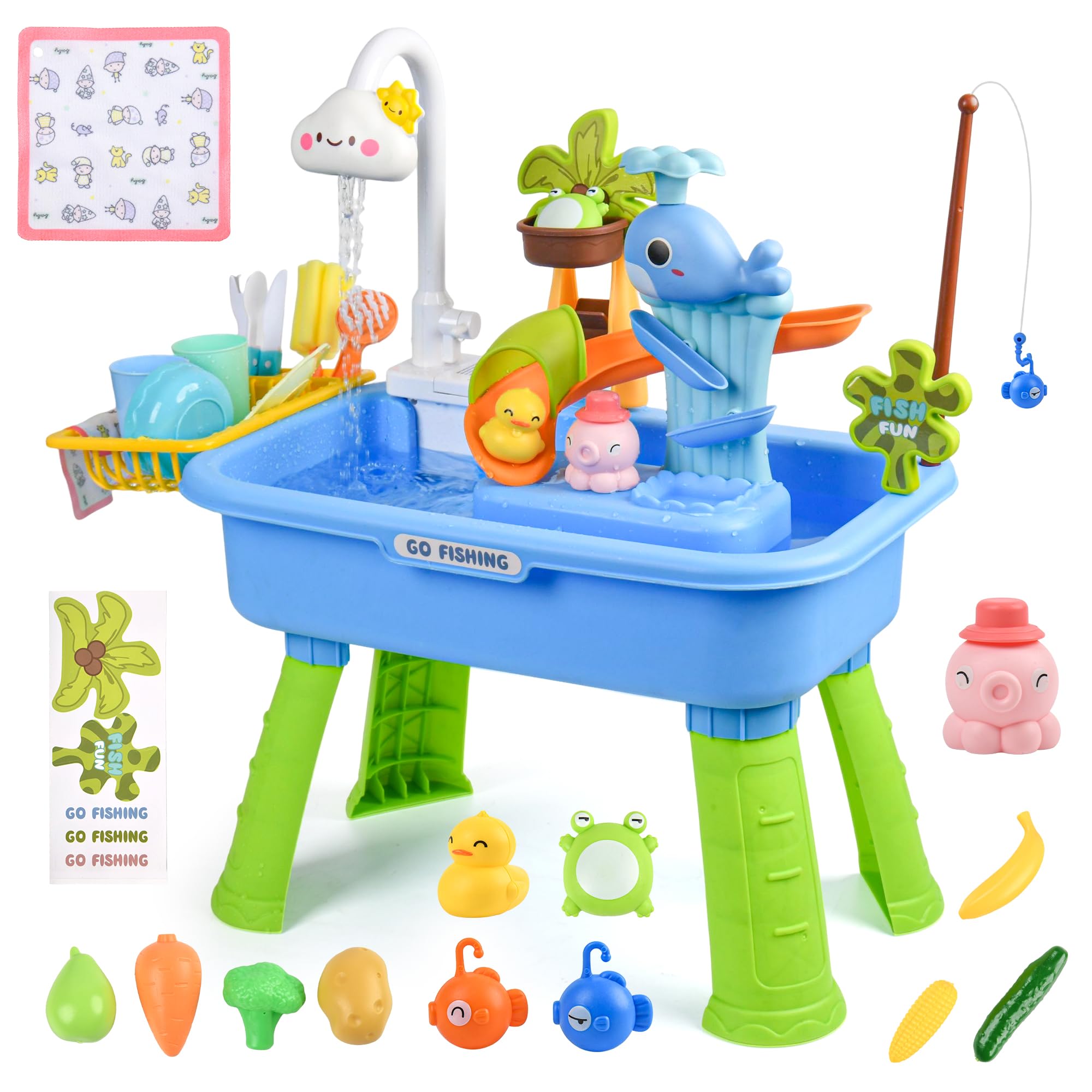 Mobelixy Upgraded Toddler Sand Water Table Toy with Electric Water Pump, Kids Sand Water with Faucet/Play Food Accessories/Fishing Toy, Kitchen Play