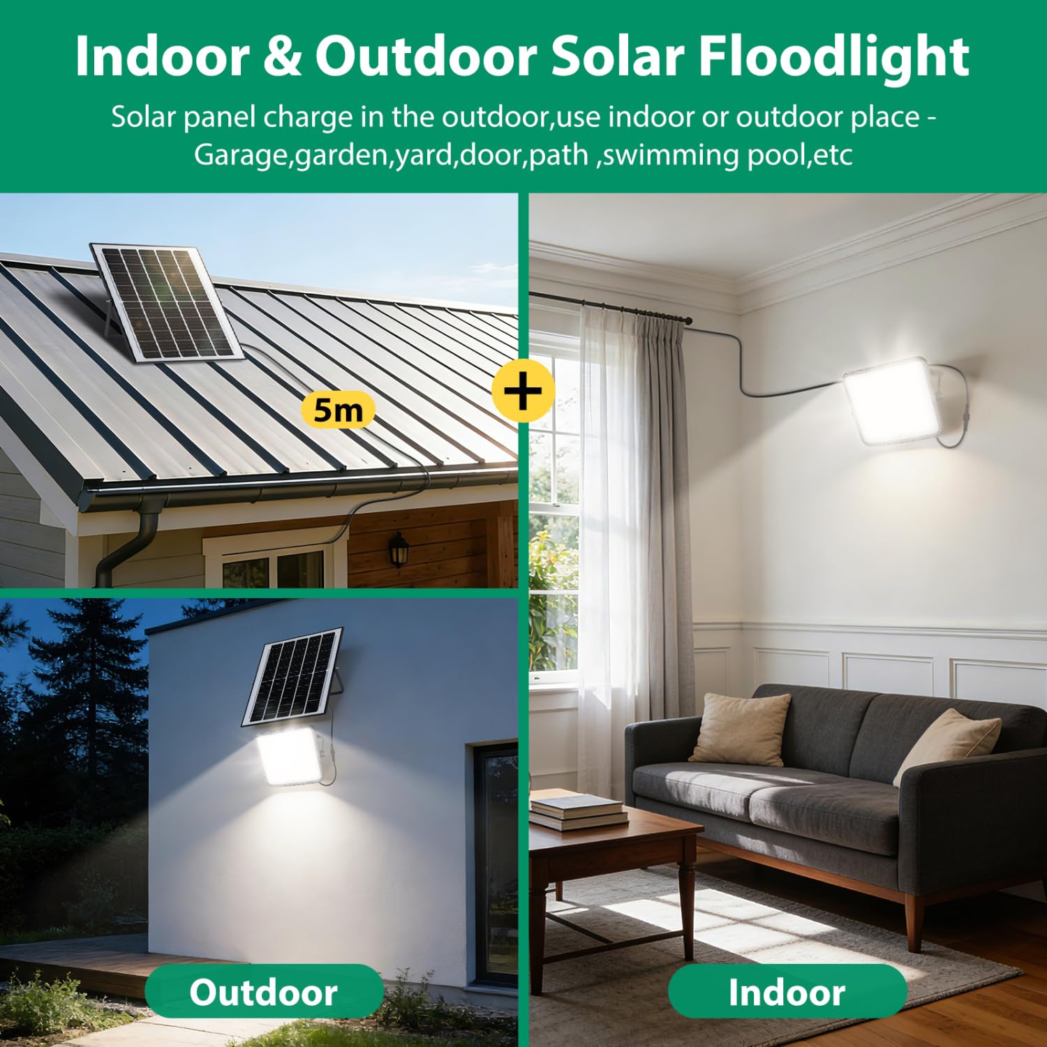 Aigostar Foco LED Exterior Solar 15000mAH Batería de gran capacidad 200W | 2000lm Proyector LED con Gran panel Solar,regulable 3000/4000/6500K, IP65 , Cable de 5m,Uso: Porches Jardín Patio Piscina