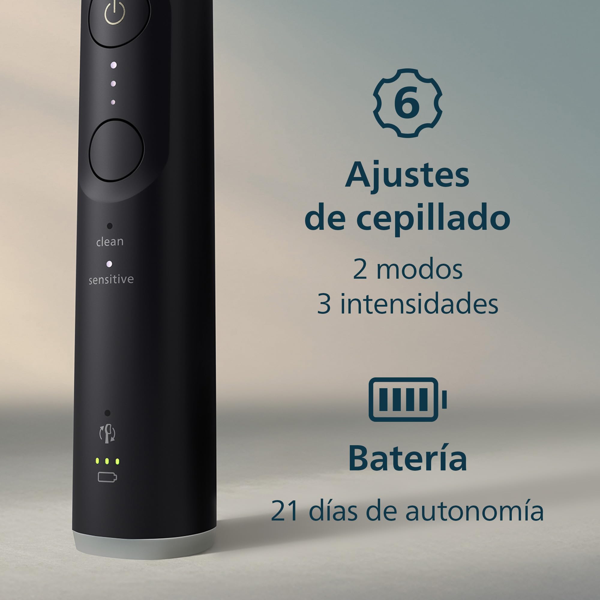 Cepillo eléctrico Philips Sonicare Serie 6100 - Tecnología Next Generation Sonicare, sensor de presión, 6 ajustes de cepillado, SmarTimer, BrushPacer, 21 días de autonomía, estuche, negro, HX7401/12