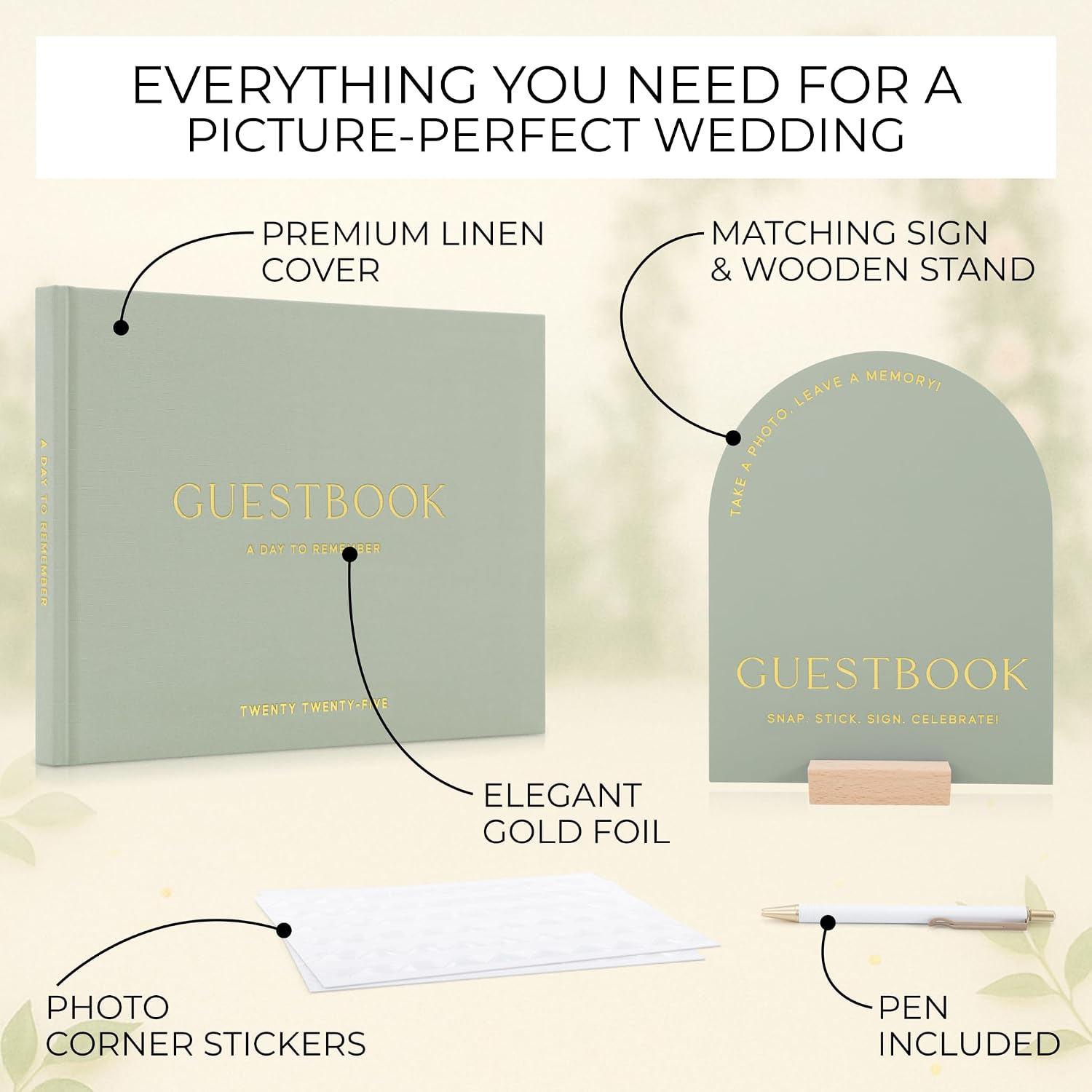 Beautiful Wedding Guest Book Set With Personalized 2025 Year for Your Wedding Reception – Elegant Polaroid Photo Guestbook w Linen Cover, Sign, Luxury Pen & Adhesive Photo Corners to Capture Memories