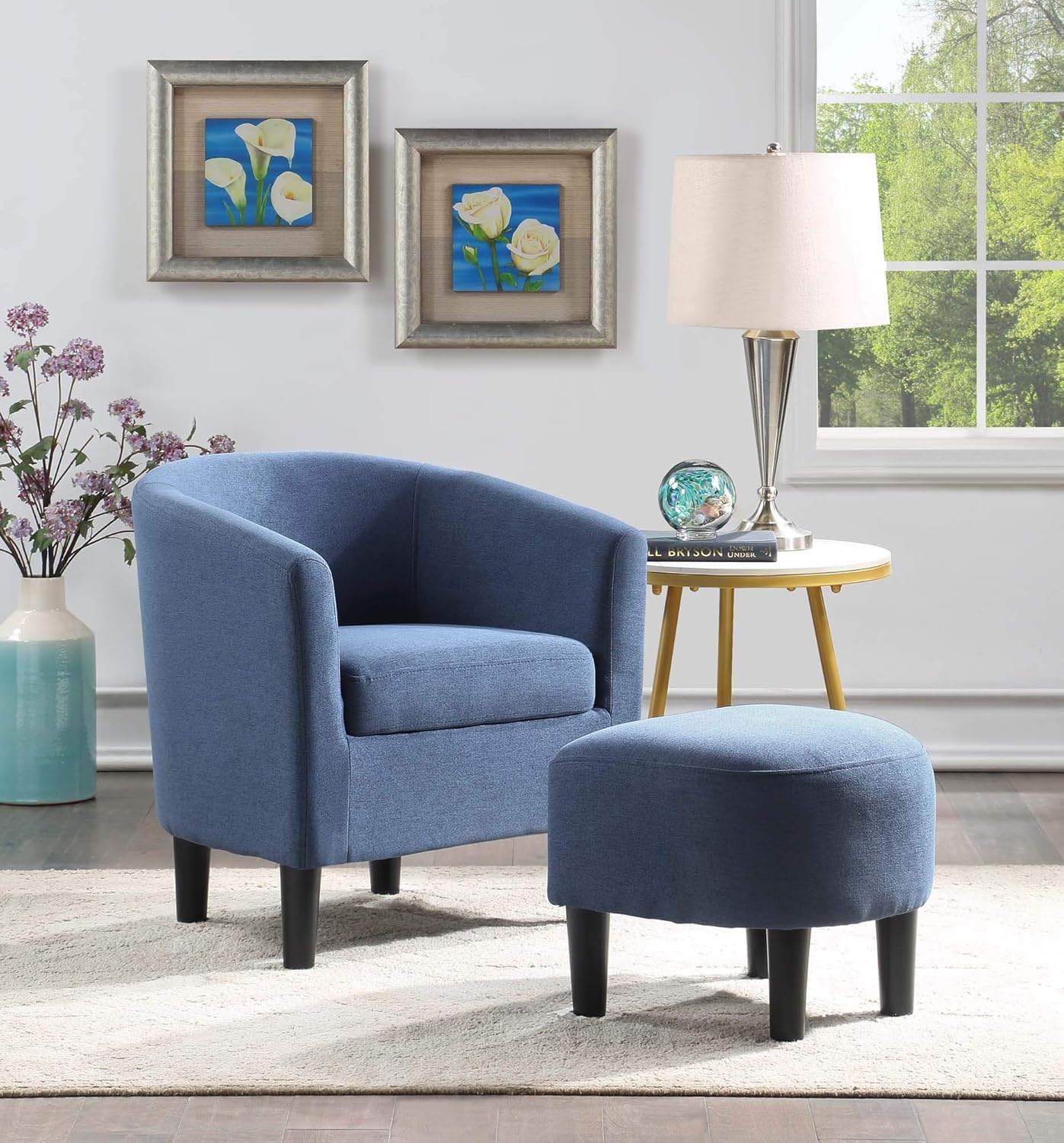 The Sofa Studio - Modern Tub Chair and Footstool Set, Upholstered Armchair, Accent Chair Round Back Design Chair for Living Room, Bedroom, Hallways (Blue)-image-17
