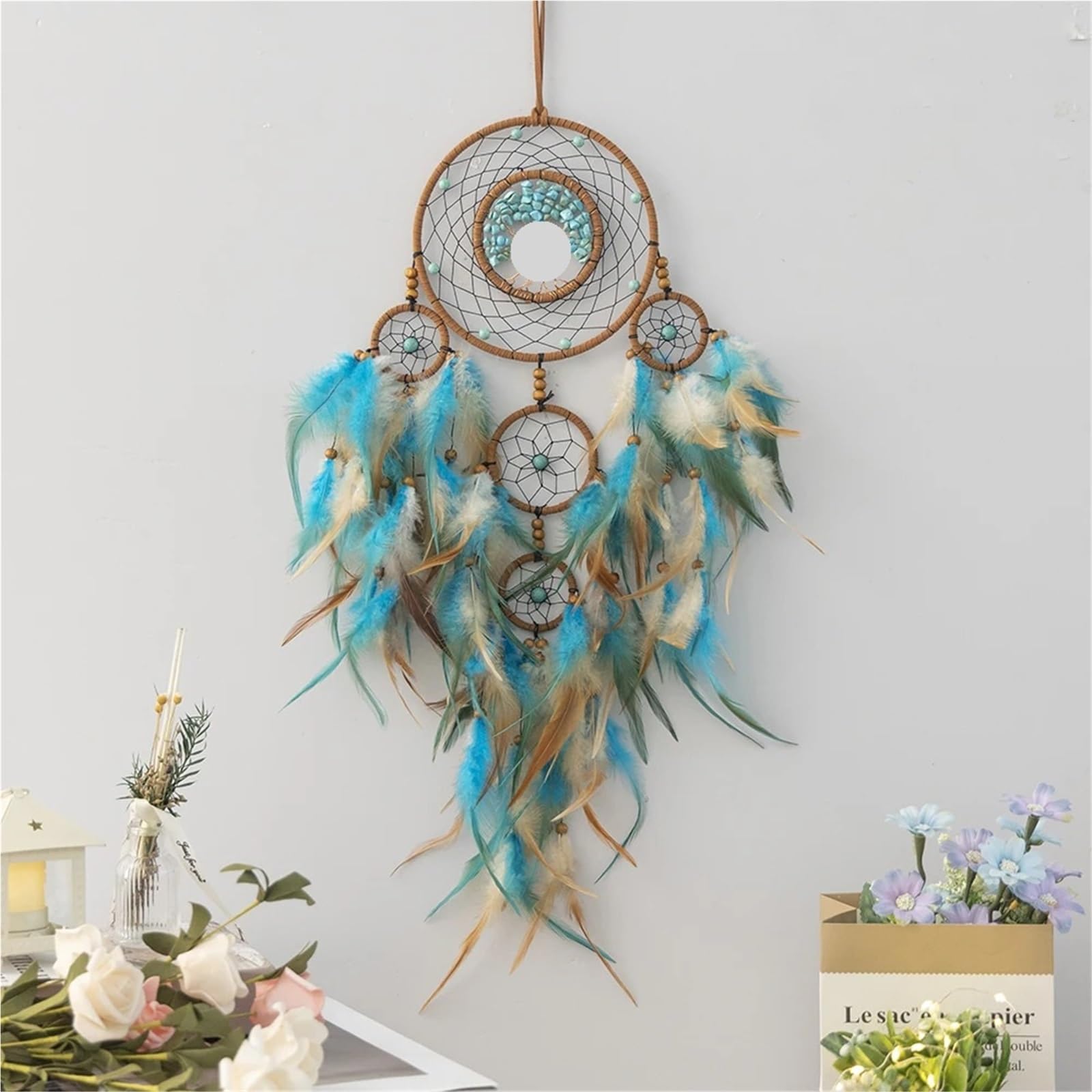 2 acchiappasogni, decorazione for la casa, piume di pietra per Camera(Blue02)