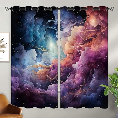 Vista 2 de Nebula Blackout Curtains for Girls Boy Home Decor, Black Hole Universe Space Galaxy Cool Grommet Thermal Insulated Drapes Darkening Window Curtain