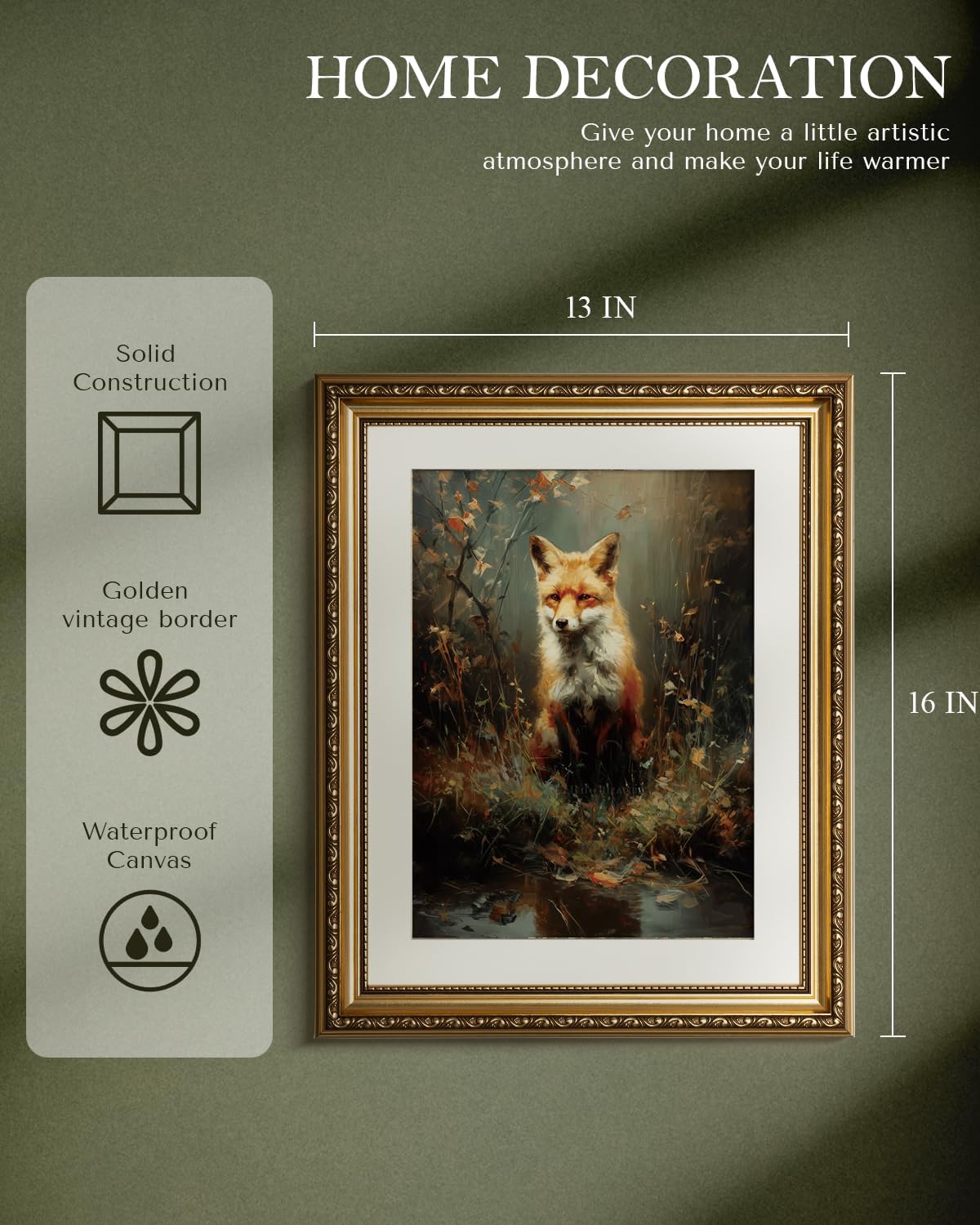 WHASAYART Vintage Gold Framed Wildlife Waterside Fox Canvas Wall Art image 2