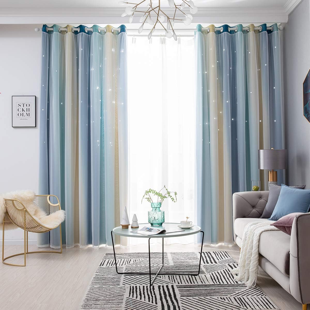 Stars Blackout Curtains for Girls Bedroom 1 Panel Colorful Star Cutout Double Layer Star Window Curtain Decor for Kids Bedroom, Living Room, Nursery Room (blue, 53" x 63")