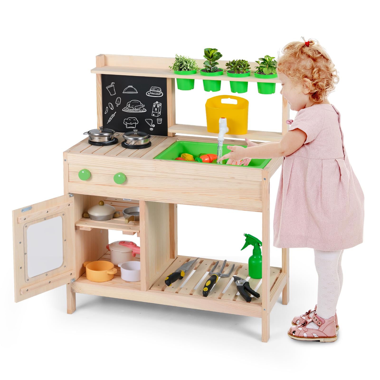FANTASK Massivholz Matschküche Outdoor, Mit Kreidetafel, Herd & Zubehör, Gartenküche für Kinder ab 3 Jahren, Natur, Grün
