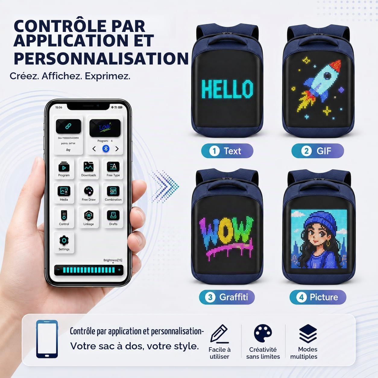 Sac à dos avec écran programmable, Sac à dos pour ordinateur portable avec contrôle APP, Étanche, Voyage, Sac pour moto,bleu(Pas de banque d'alimentation incluse)