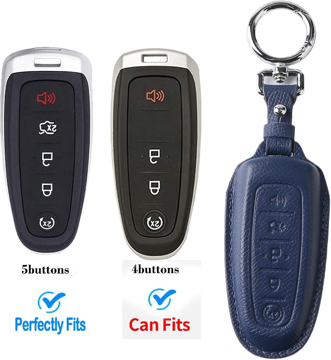 Leather Key Fob Cover Case,Key Shell Case Compatible for Ford C-Max Edge Escape Expedition Explorer Flex Focus Taurus Lincoln MKS MKT MKX (Blue)