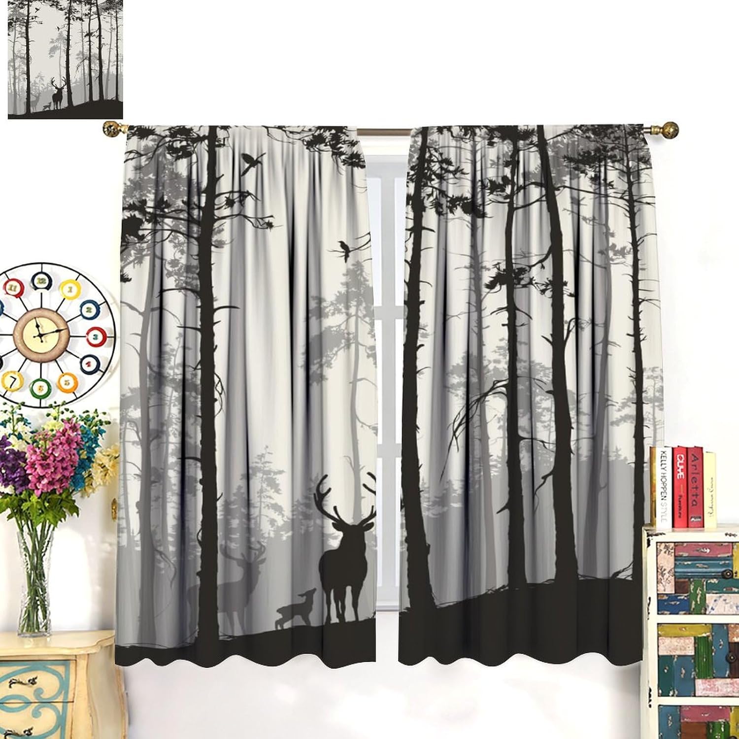 Deer Curtain Rustic Woodland Misty Elk Wildlife Window Curtains for Country Cabin Farmhouse Home Decor 72" W X 63" L