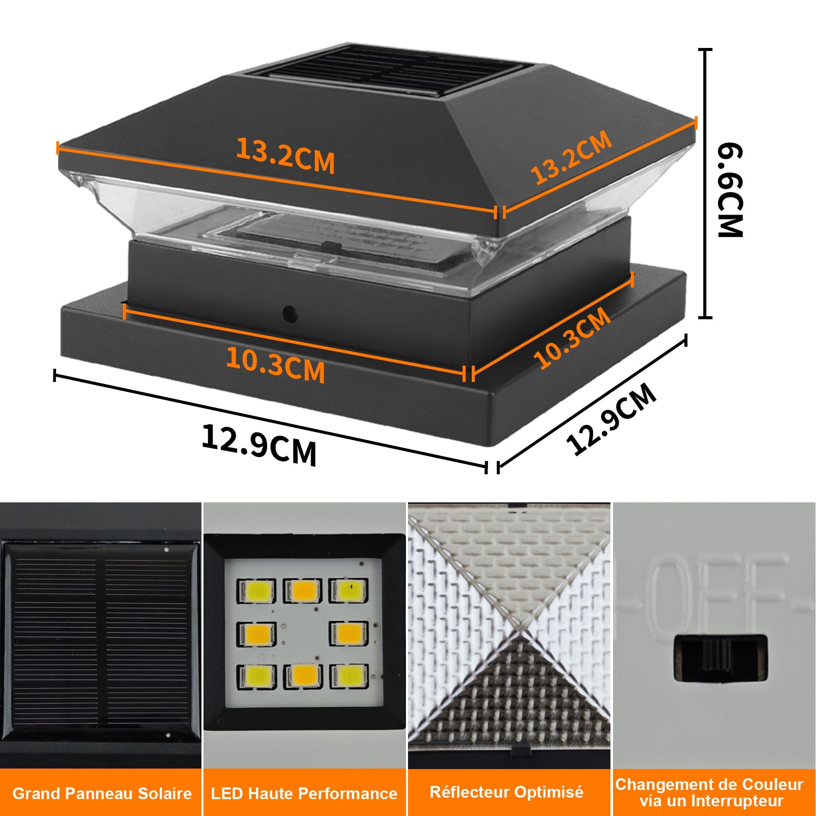 NATPOW Farola Solar de Poste 9x9cm,10x10cm,12x12cm, 4 Piezas 3000K/6000K Luces Solares para Poste, Luz Solar para Postes Exterior IP65 Resistente para Valla, Puerta, Camino de Entrada, Jardin, Negro