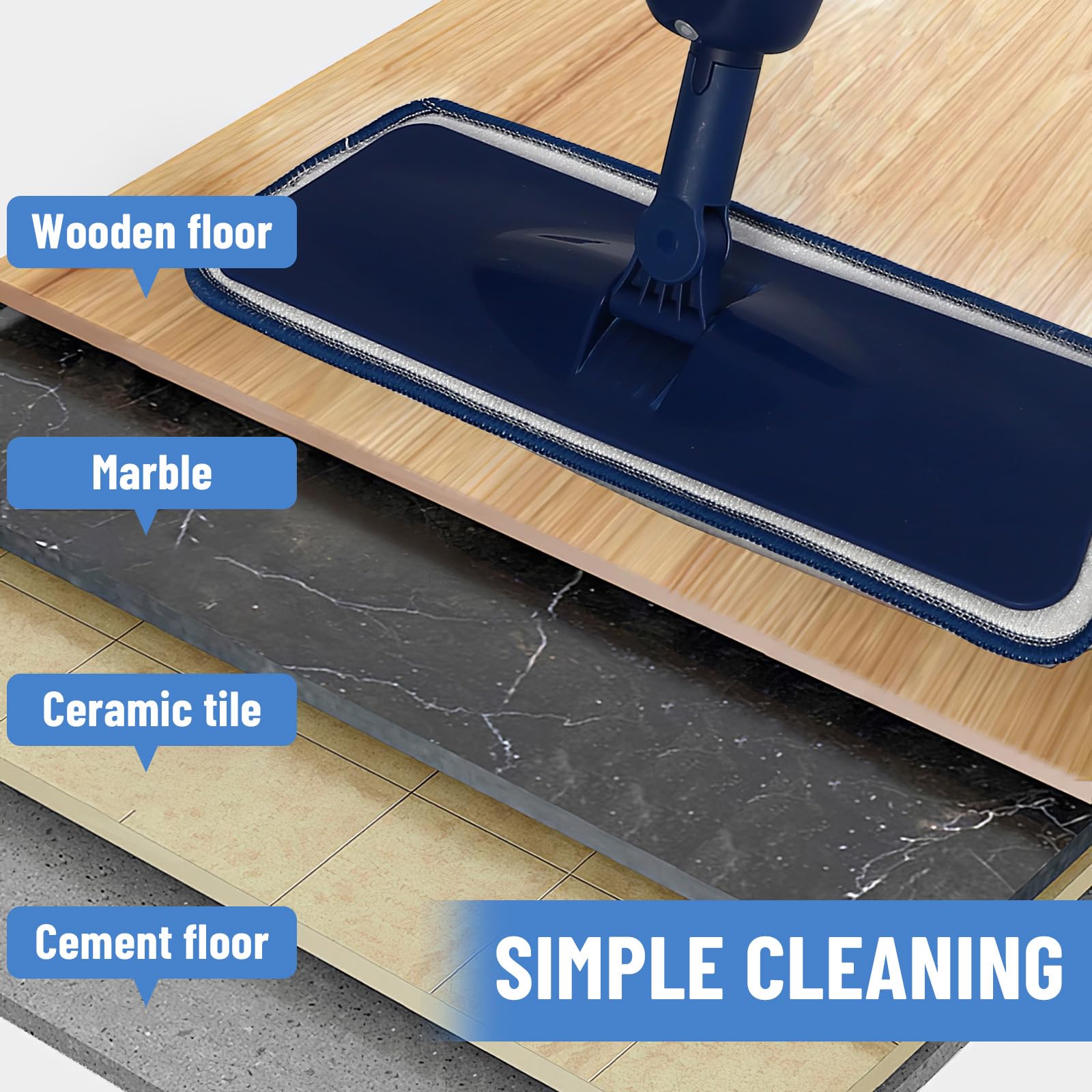 Mop z rozpylaczem, Mikrofibrowy mop z rozpylaczem z pojemnikiem do domu, kuchni, podłóg drewnianych, laminowanych, ceramicznych (Niebieski - 500 ML - 3 Podkładki)