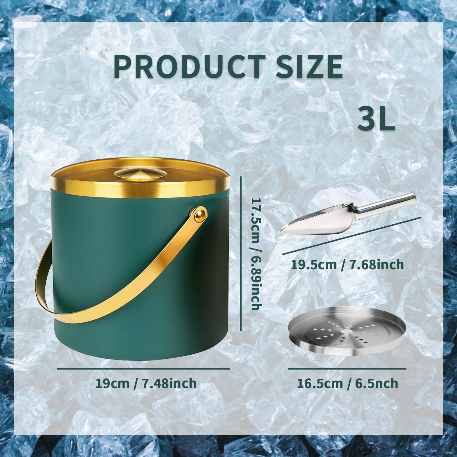 3L Insulated Ice Bucket Double-Wall Stainless Steel Ice Bucket Metal Ice Bucket with Lid, Scoop, Strainer for Parties & Cocktail Bar Camping - Image 3