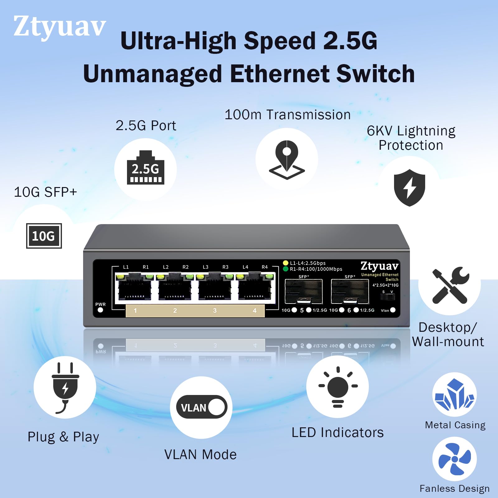 Commutateur Ethernet 2,5 G Non géré à 6 Ports avec 4 Ports RJ-45 Base-T 2,5 G, 2 Ports SFP + 10 G, Vitesse de négociation Automatique 100/1000/2500 Mbps, VLAN à Une Touche, Plug & Play, sans(6)