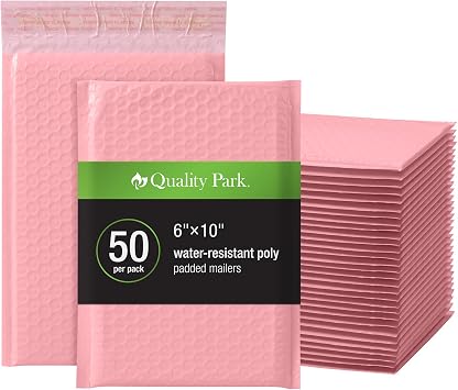 Quality Park Bubble Mailers, 6 x 9, Pink Poly Mailers, Padded Envelopes, Shipping Bags, Water Resistant, Self Seal, 50 Per Box QUA85907
