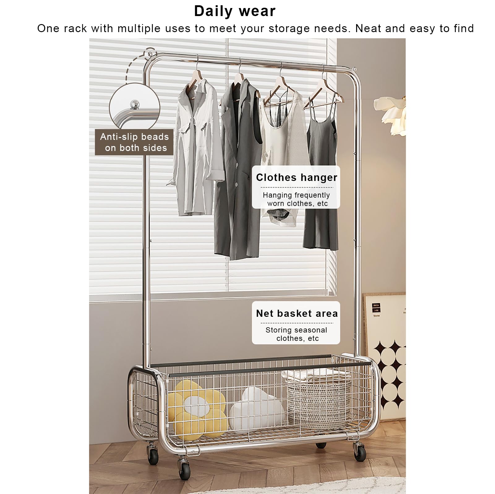 Appendiabiti in metallo con ruote, cesto portaoggetti in lino, supporto regolabile da appendere per armadio della camera da letto (60 x 37 x 165 cm) – soluzione elegante e funzionale per il guardaroba