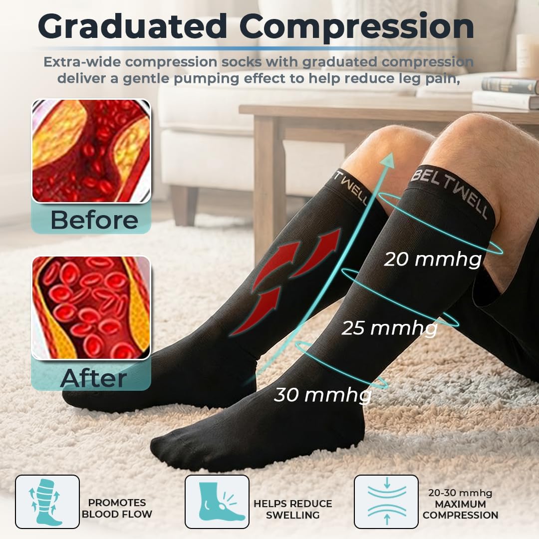 Beltwell® Extra Wide Compression Socks for Women & Men 20–30mmHg Plus Size Support for Swelling, Edema & Varicose Veins