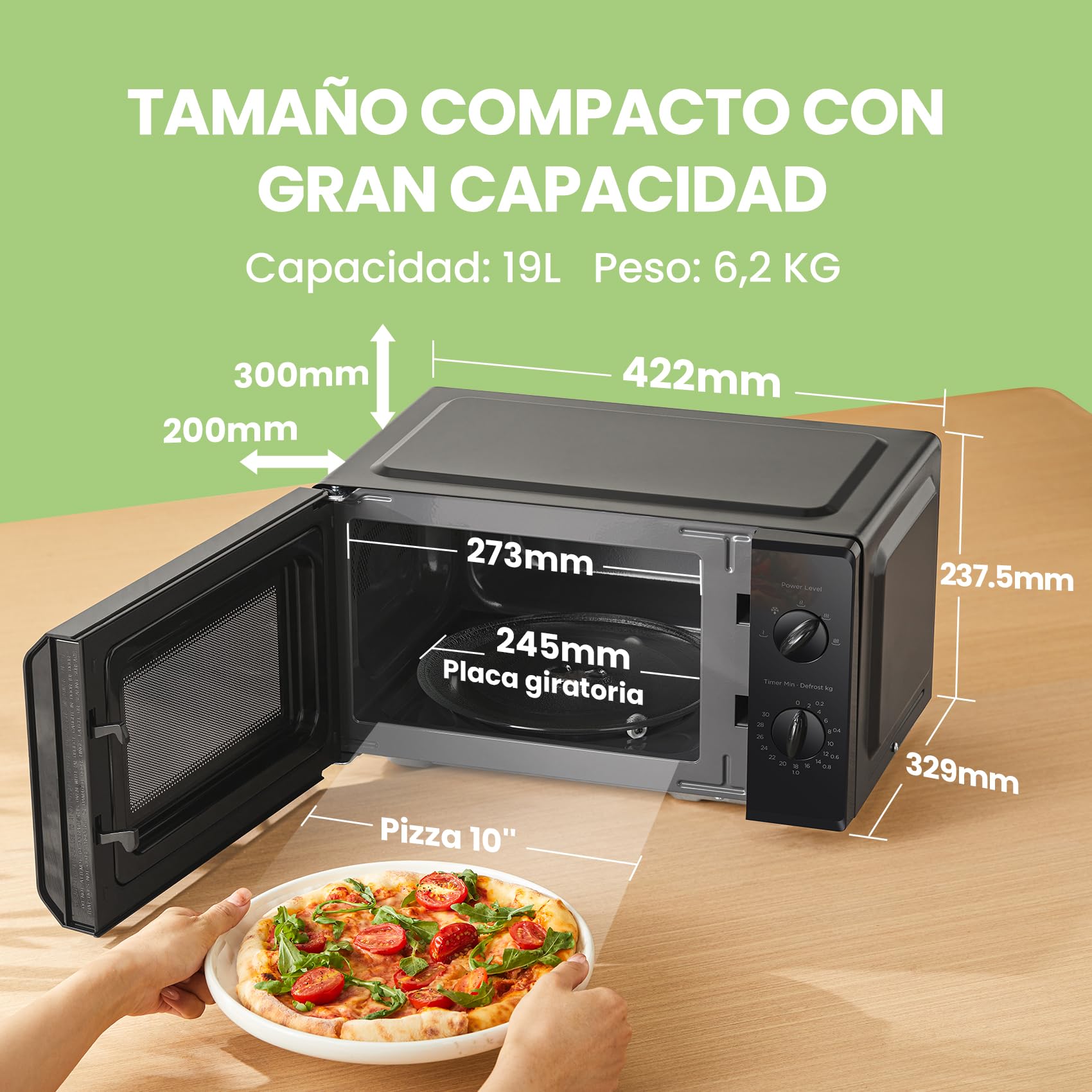 COMFEE' Microondas CMO-MP012OC(BK), capacidad 19L, 700W de potencia, 5 niveles de potencia, temporizador de 30 minutos, descongelación, negro