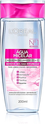 L'Oréal Paris, Água Micelar Solução de Limpeza 5 em 1 Limpa, Demaquila, Purifica, Suaviza e Reequilibra, Cuidado Diário Multifuncional para Todos os Tipos de Peles 200ml