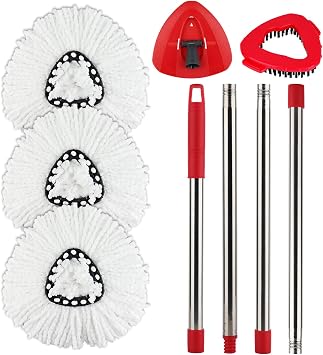 Spin Mop Replacement Head with 1 Rotating Base and 1 Handle and 1 Brush - EasyWring Mop Refills Head Compatible with Rotating Triangle Spinmop Cleaning