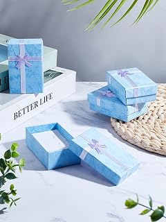 4Pcs Cardboard Jewelry Gift Boxes, Rectangle Storage Case with Bowknot Light Sky Blue Organizer Box with Sponge Pad Inside for Anniversaries Weddings Birthday, 8.25x5.3x2.65cm