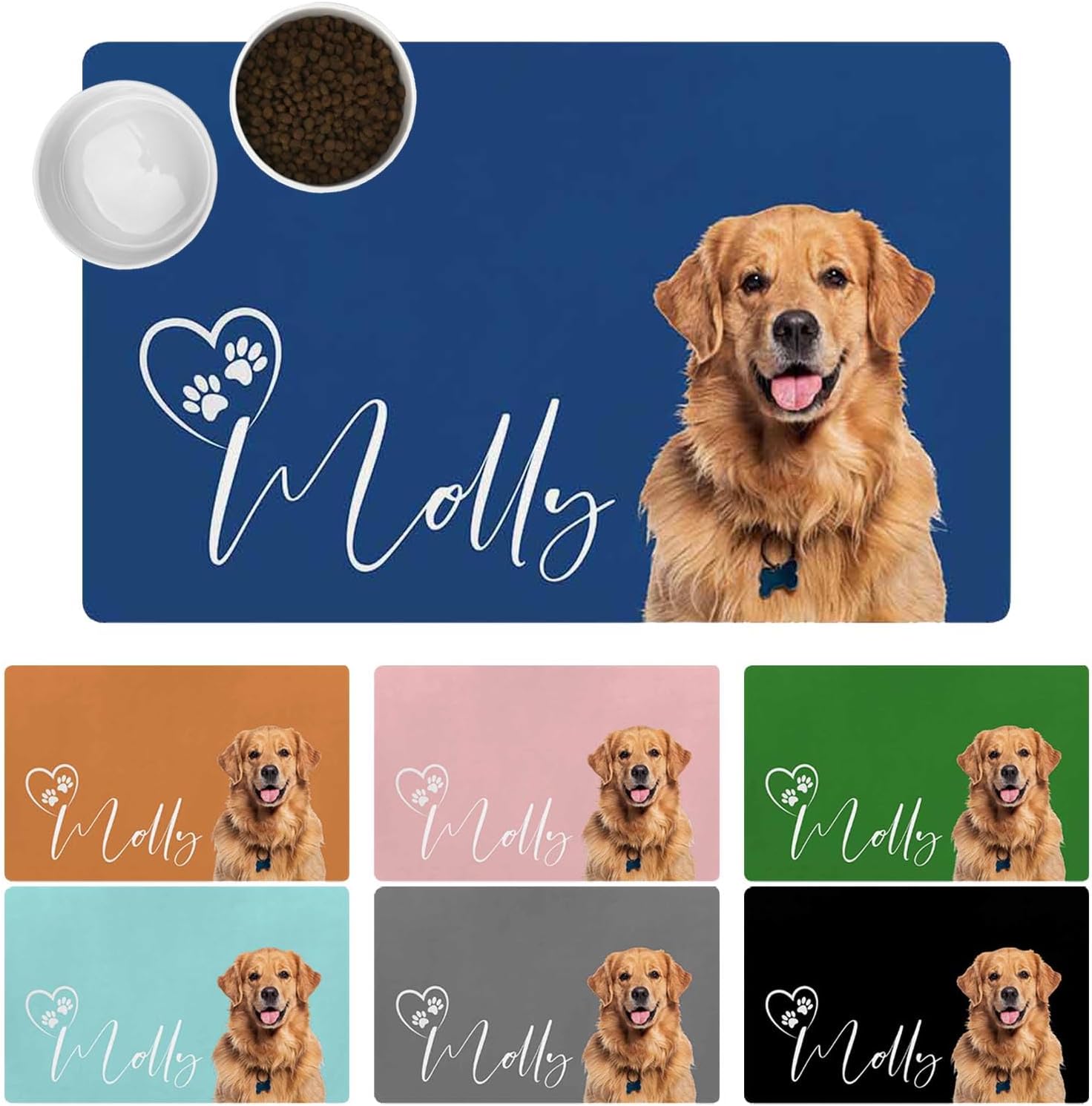 Personalized Dog & Cat Feeding Mat with Photo & Name - Non-Slip Backing, Waterproof Customized Mat Gifts for Pet Lovers